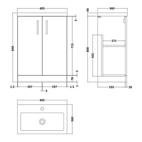 Nuie Arno Compact 600mm Floor Standing 2 Door Vanity Unit & Basin Gloss White PAL027 LD