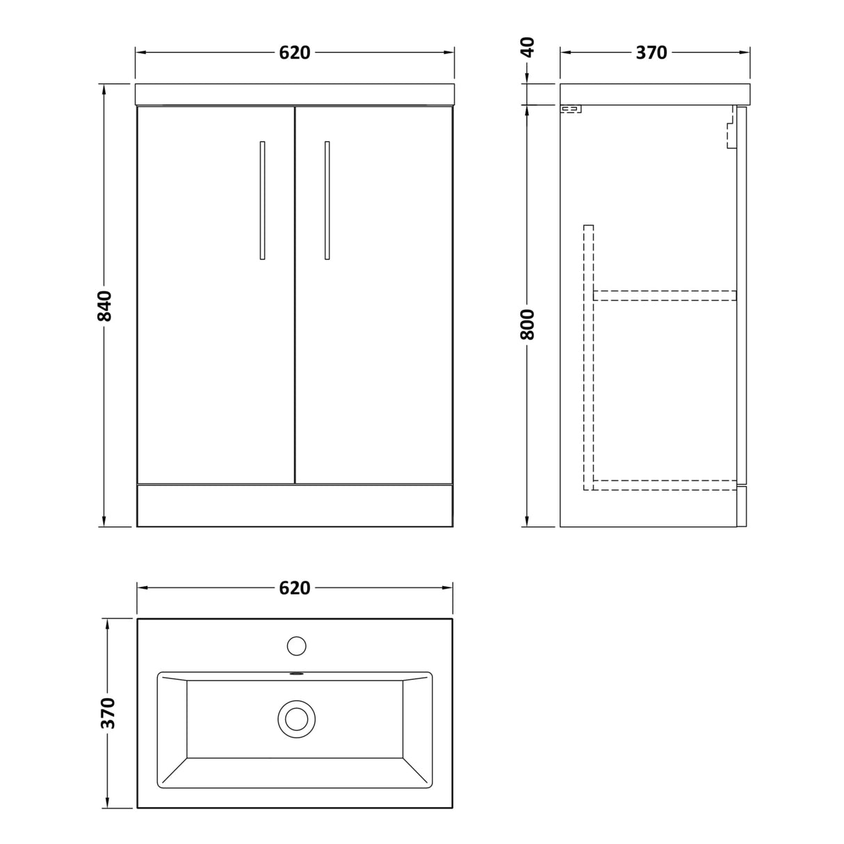 Nuie Arno Compact 600mm Floor Standing 2 Door Vanity Unit & Basin Gloss White PAL027E LD