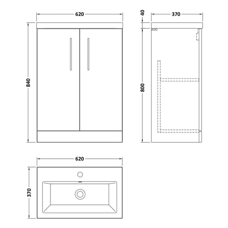 Nuie Arno Compact 600mm Floor Standing 2 Door Vanity Unit & Basin Gloss White PAL027E LD