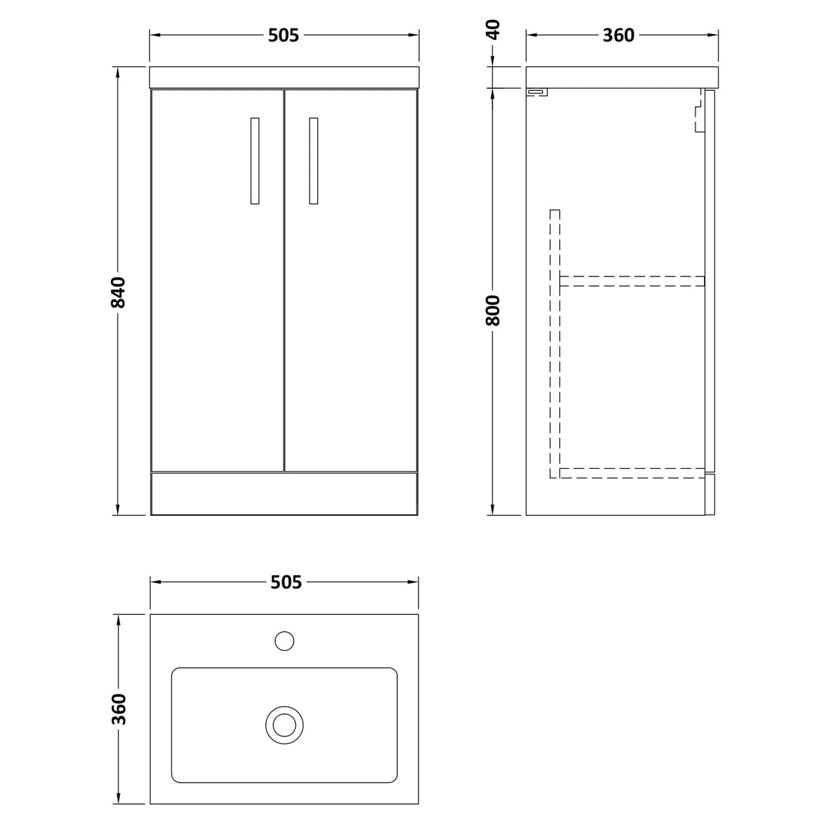 Nuie Arno Compact 500mm Floor Standing 2 Door Vanity Unit & Basin Soft Black PAL028 LD