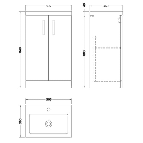 Nuie Arno Compact 500mm Floor Standing 2 Door Vanity Unit & Basin Soft Black PAL028 LD