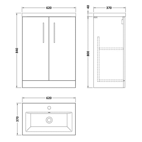 Nuie Arno Compact 600mm Floor Standing 2 Door Vanity Unit & Basin Soft Black PAL029E LD