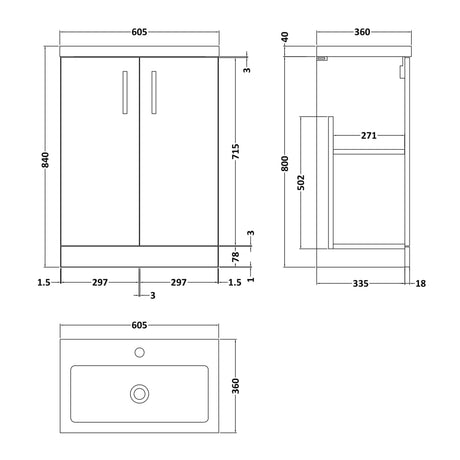 Nuie Arno Compact 600mm Floor Standing 2 Door Vanity Unit & Basin Satin Grey PAL031 LD