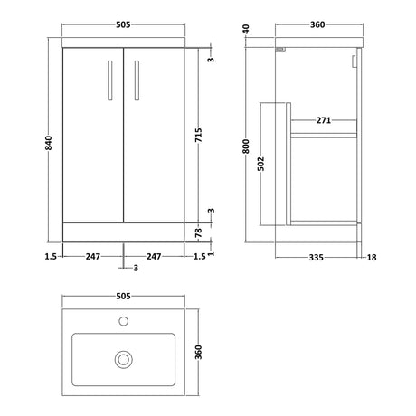 Nuie Arno Compact 500mm Floor Standing 2 Door Vanity Unit & Basin Bleached Oak PAL032 LD