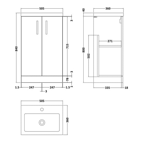 Nuie Arno Compact 500mm Floor Standing 2 Door Vanity Unit & Basin Solace Oak PAL122 LD