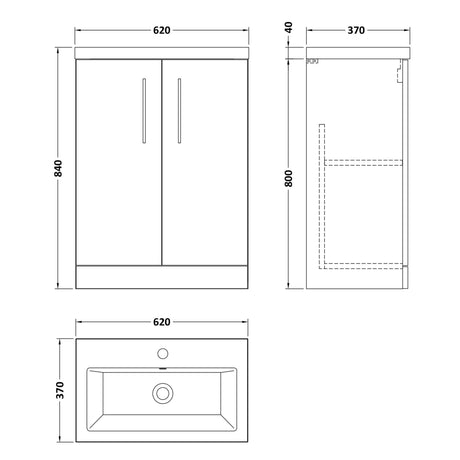 Nuie Arno Compact 600mm Floor Standing 2 Door Vanity Unit & Basin Solace Oak PAL123E LD