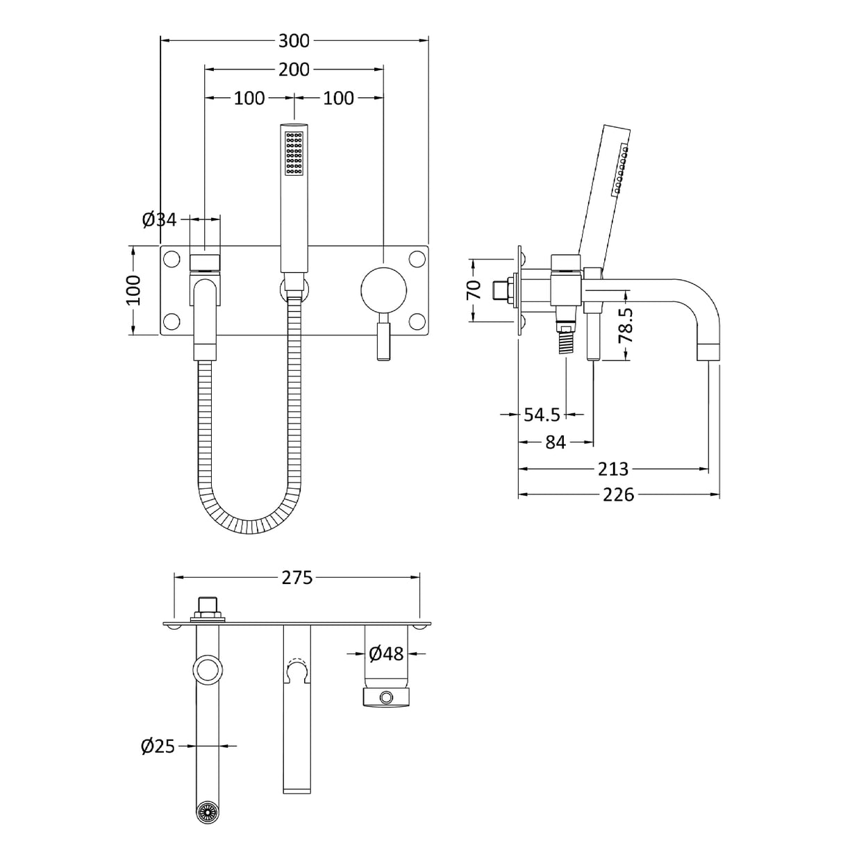 Hudson Reed Tec Lever Wall Mounted Bath Shower Mixer Tap With Shower Kit Chrome PK350 LD