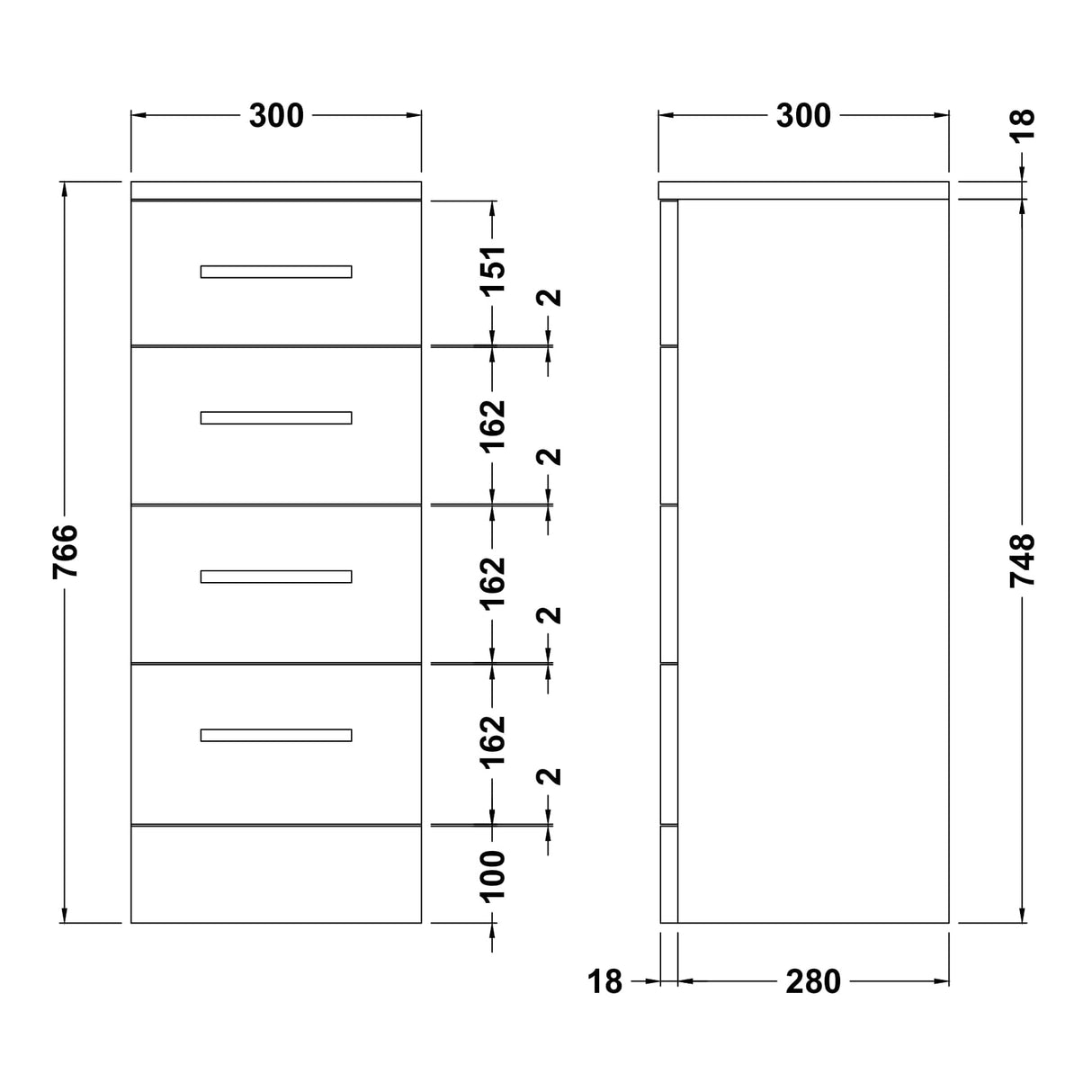 Nuie Mayford Floor Mounted 4 Drawer Storage Unit W300 x D300mm Gloss White PRC133 LD