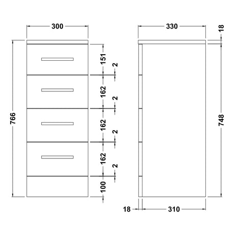 Nuie Mayford Floor Mounted 4 Drawer Storage Unit W300 x D330mm Gloss White PRC134 LD