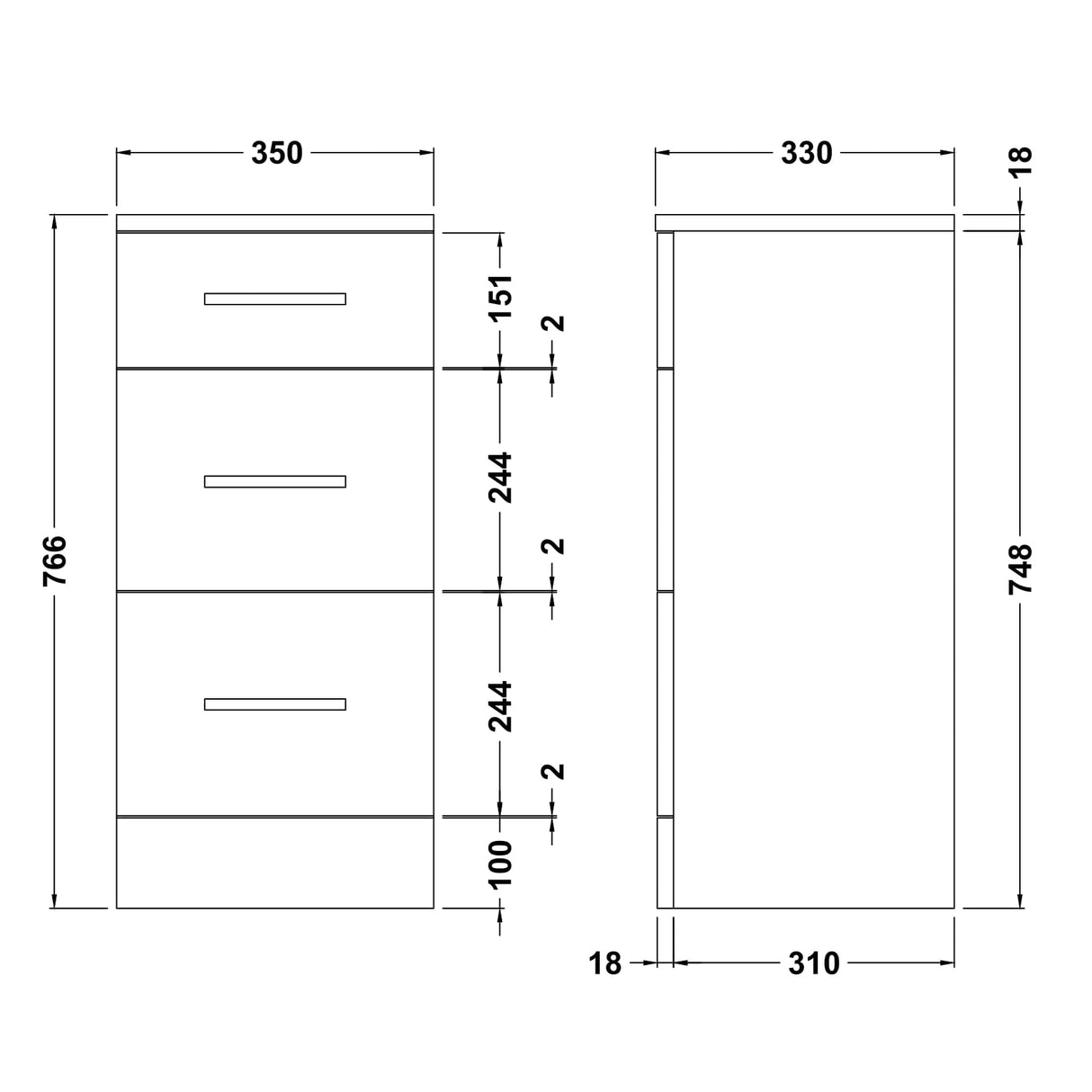 Nuie Mayford Floor Mounted 3 Drawer Storage Unit W350 x D330mm Gloss White PRC136 LD