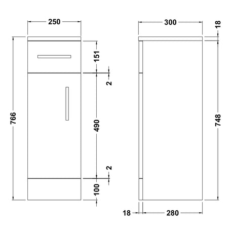 Nuie Mayford Floor Mounted 1 Drawer 1 Door Cupboard W250 x D300mm Gloss White PRC171 LD
