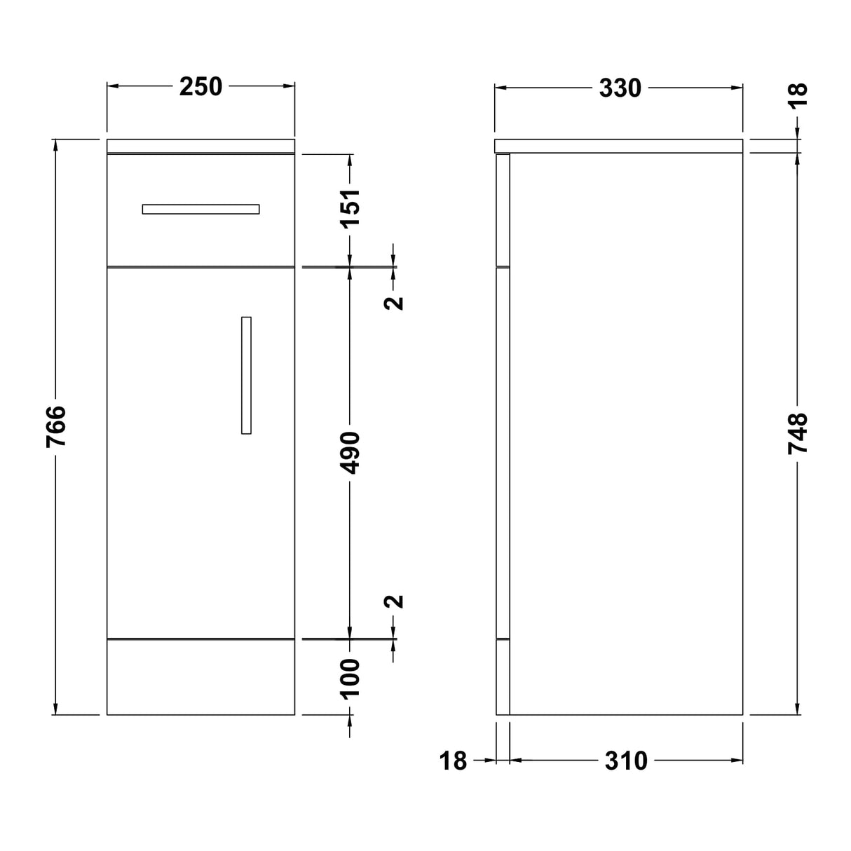 Nuie Mayford Floor Mounted 1 Drawer 1 Door Cupboard W250 x D330mm Gloss White PRC172 LD