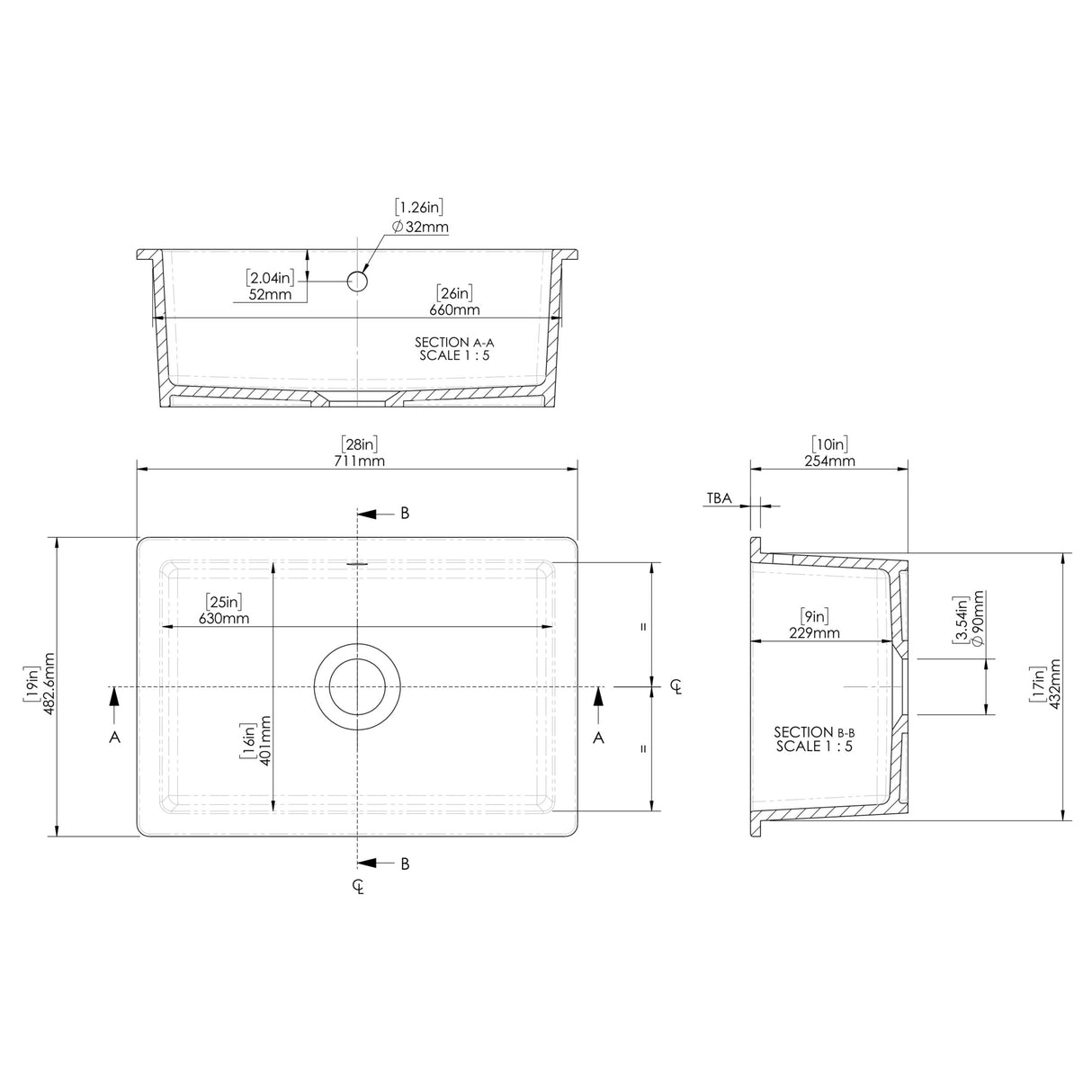 Nuie 1.0 Bowl Ceramic Undermount Kitchen Sink & Overflow 711 x 483 x 254mm - White PS11628 LD