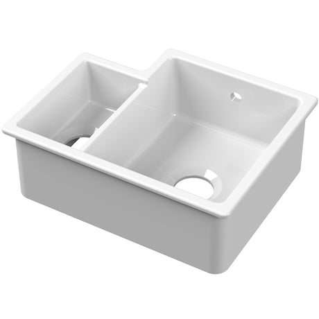 Nuie 1.5 Bowl Ceramic Undermount Kitchen Sink, Central Waste & Overflow 549 x 441 x 195mm Right-Handed - White PS130H22R