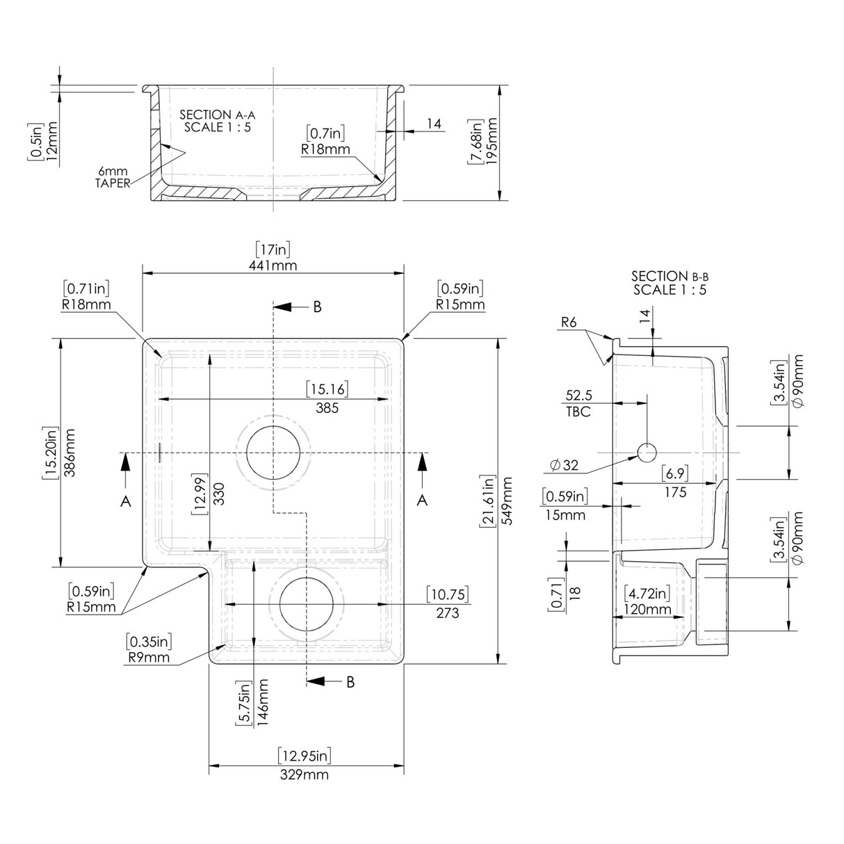 Nuie 1.5 Bowl Ceramic Undermount Kitchen Sink, Central Waste & Overflow 549 x 441 x 195mm Right-Handed - White PS130H22R LD