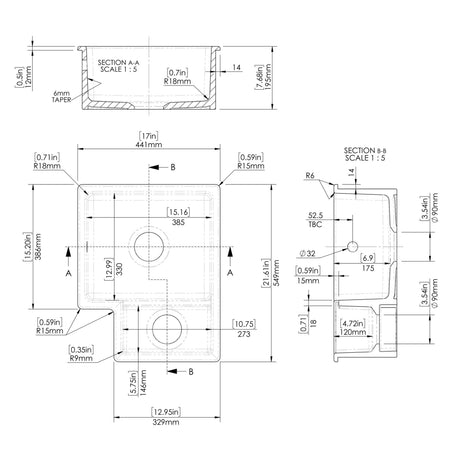Nuie 1.5 Bowl Ceramic Undermount Kitchen Sink, Central Waste & Overflow 549 x 441 x 195mm Right-Handed - White PS130H22R LD