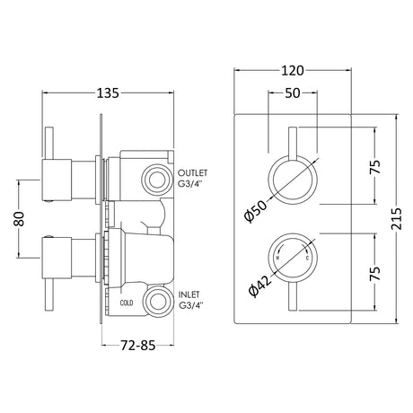 Nuie Round 2 Outlet Thermostatic Concealed Shower Valve With Diverter Chrome QUEV52 LD