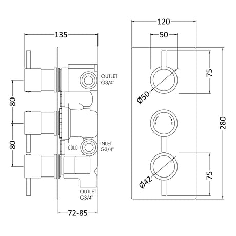 Nuie Round 3 Outlet Thermostatic Concealed Shower Valve With Diverter Chrome QUEV56 LD