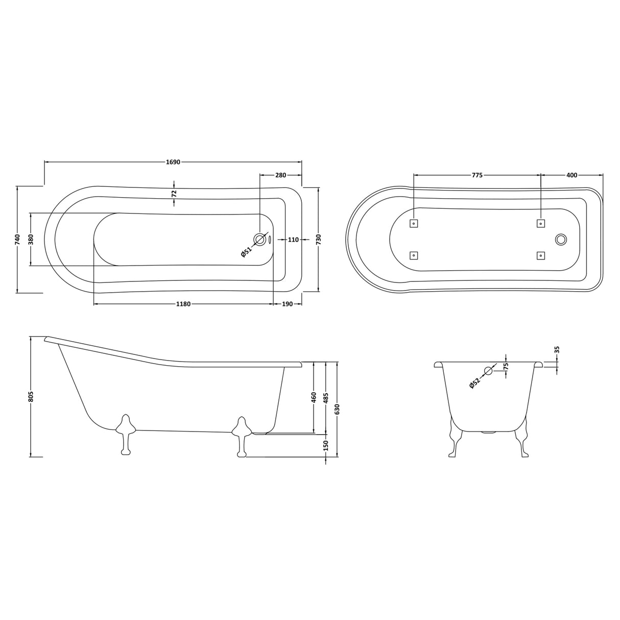 Old London Brockley Single Ended Freestanding Slipper Bath - Corbel Leg Set RL1690T LD