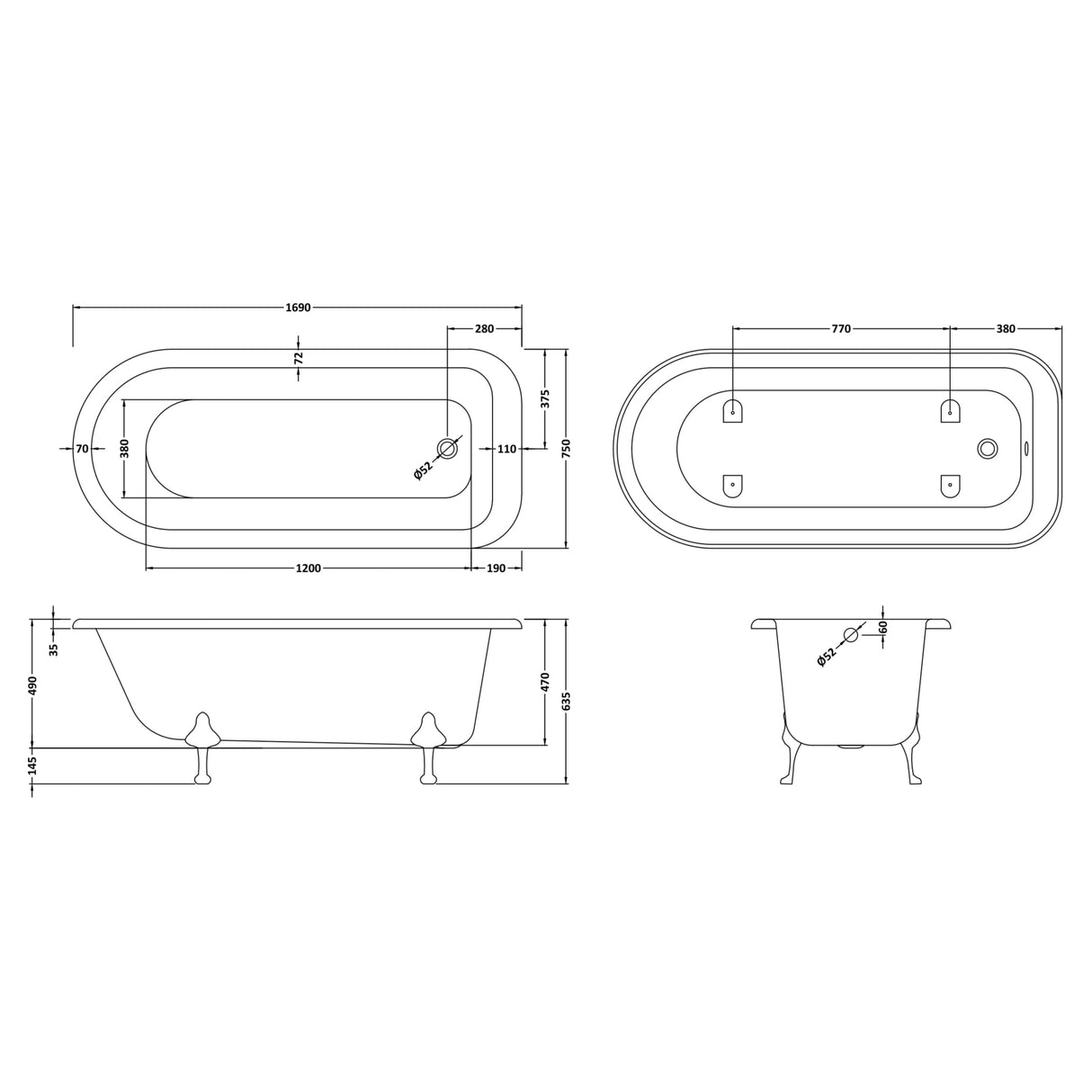 Old London Barnsbury Single Ended Freestanding Bath L1700 x W750mm - Pride Leg Set RL1707C2 LD