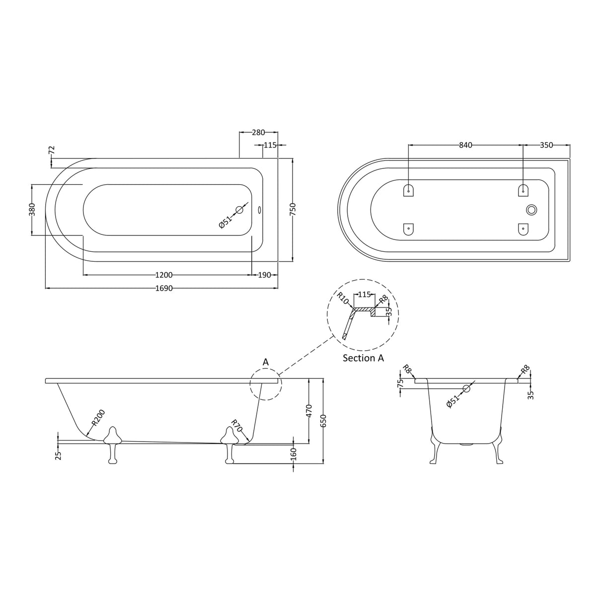 Old London Winterburn Single Ended Shower Bath - Corbel Leg Set RLF1700T LD