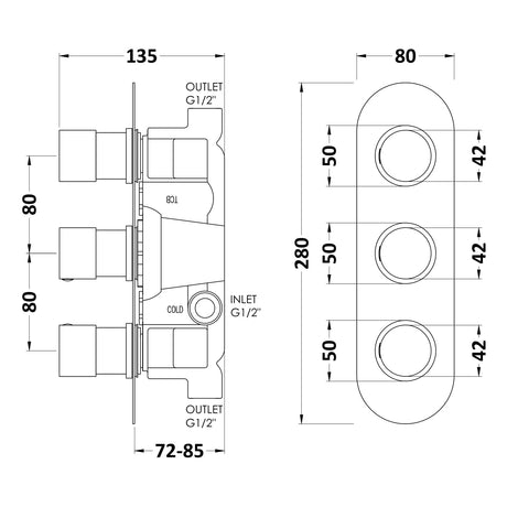 Hudson Reed Round Triple 2 Outlet Thermostatic Concealed Shower Valve Chrome RNDTR02 LD