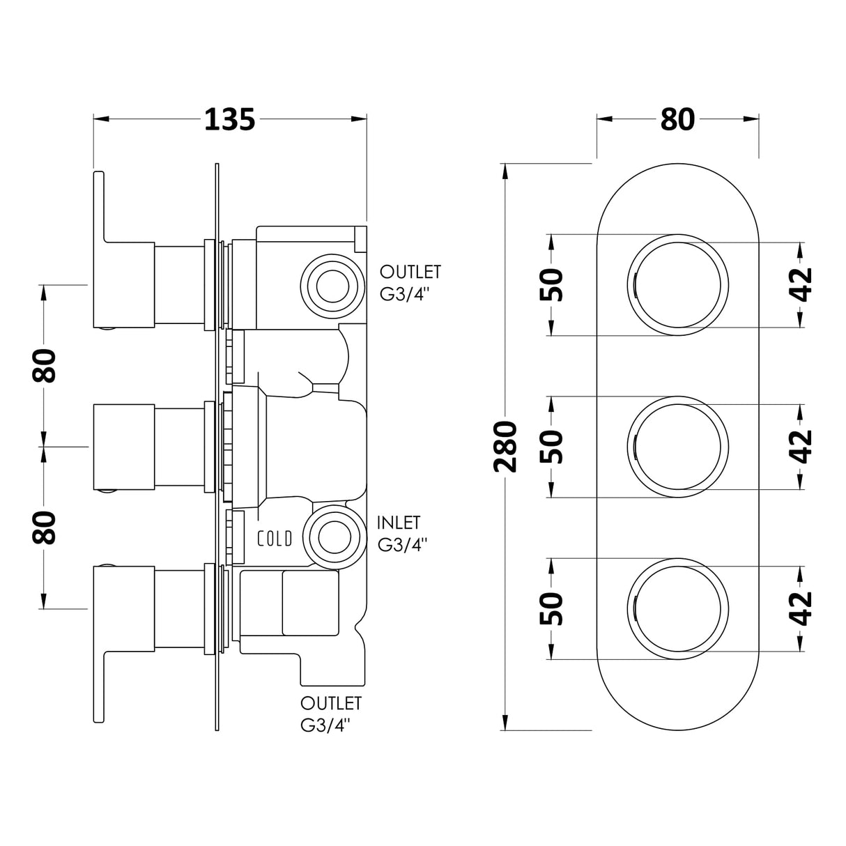 Hudson Reed Round Triple 3 Outlet Thermostatic Concealed Shower Valve With Diverter Chrome RNDTR03 LD