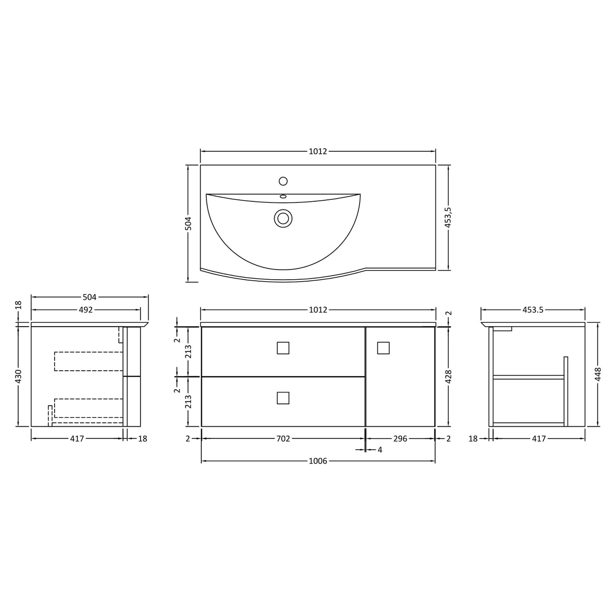 Hudson Reed Sarenna 1000mm LH Wall Hung 2 Drawer Vanity Unit, Basin & Door Dove Grey SAR202L LD