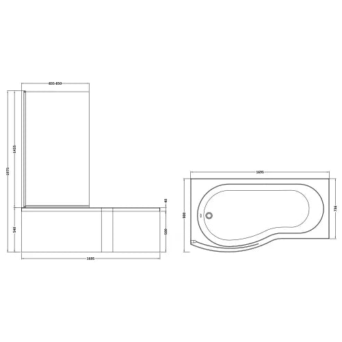 Nuie B-Shaped Shower Bath With Bath Screen & Acrylic Front Bath Panel White SBATH07 LD