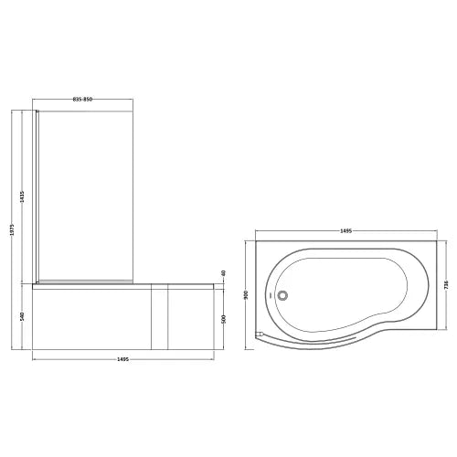 Nuie B-Shaped Shower Bath With Bath Screen & Acrylic Front Bath Panel White SBATH20 LD