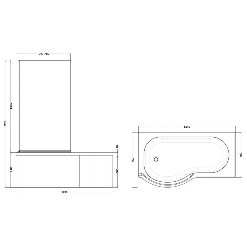 Nuie P-Shaped Shower Bath With Bath Screen & Acrylic Front Bath Panel White SBATH24 LD