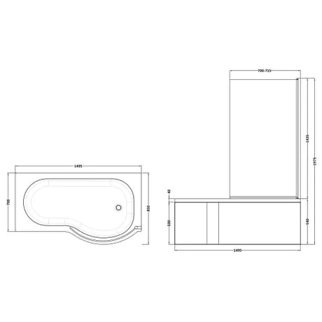 Nuie P-Shaped Shower Bath With Bath Screen & Acrylic Front Bath Panel White SBATH25 LD