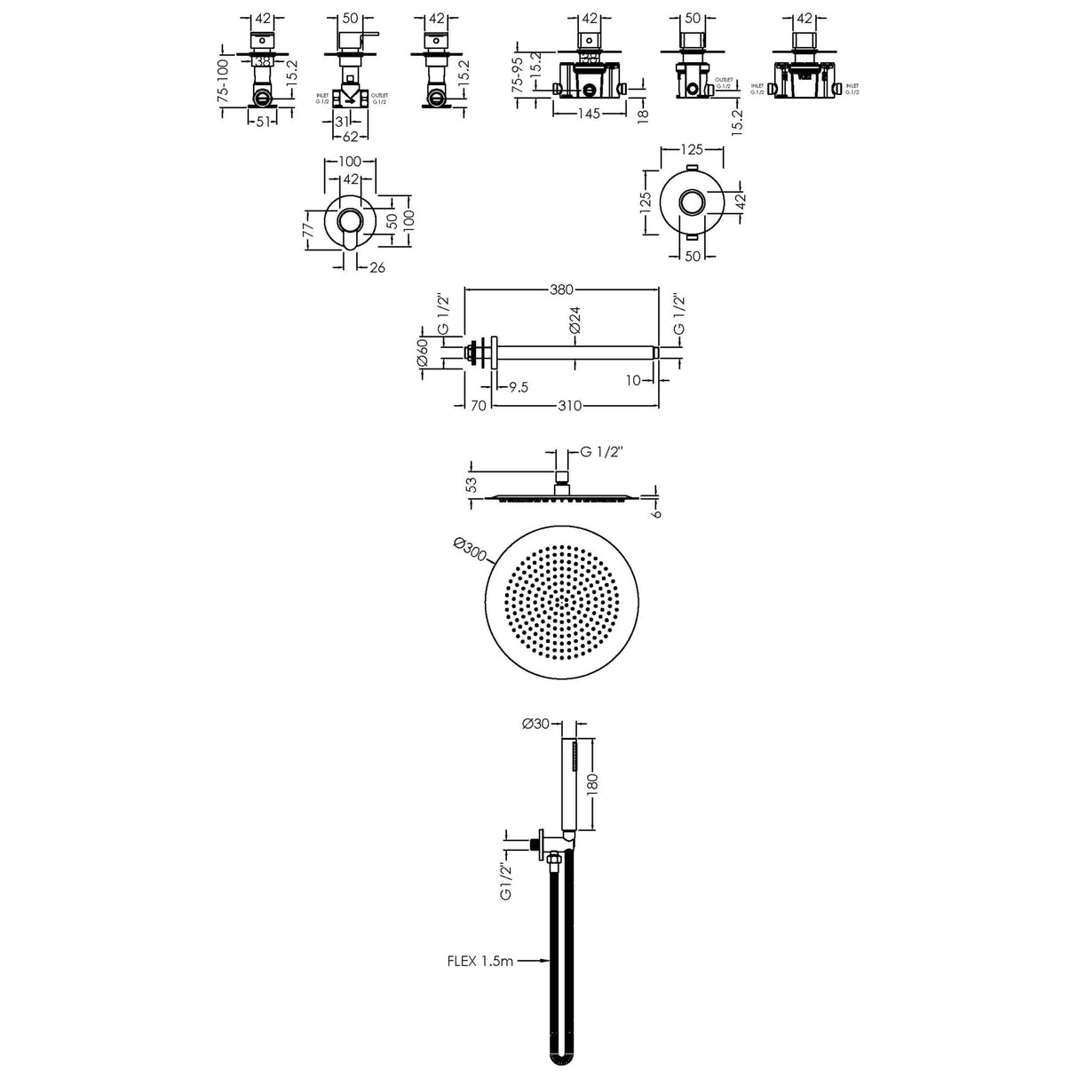 Nuie Arvan Round 2 Outlet Thermostatic Shower Set With Stop Valves Chrome SBR131ST2 LD