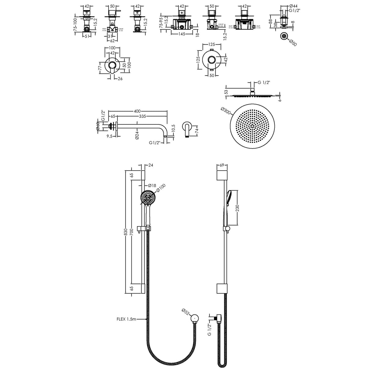 Nuie Arvan Round 3 Outlet Thermostatic Shower Set With Stop Valves Chrome SBR134ST3 LD