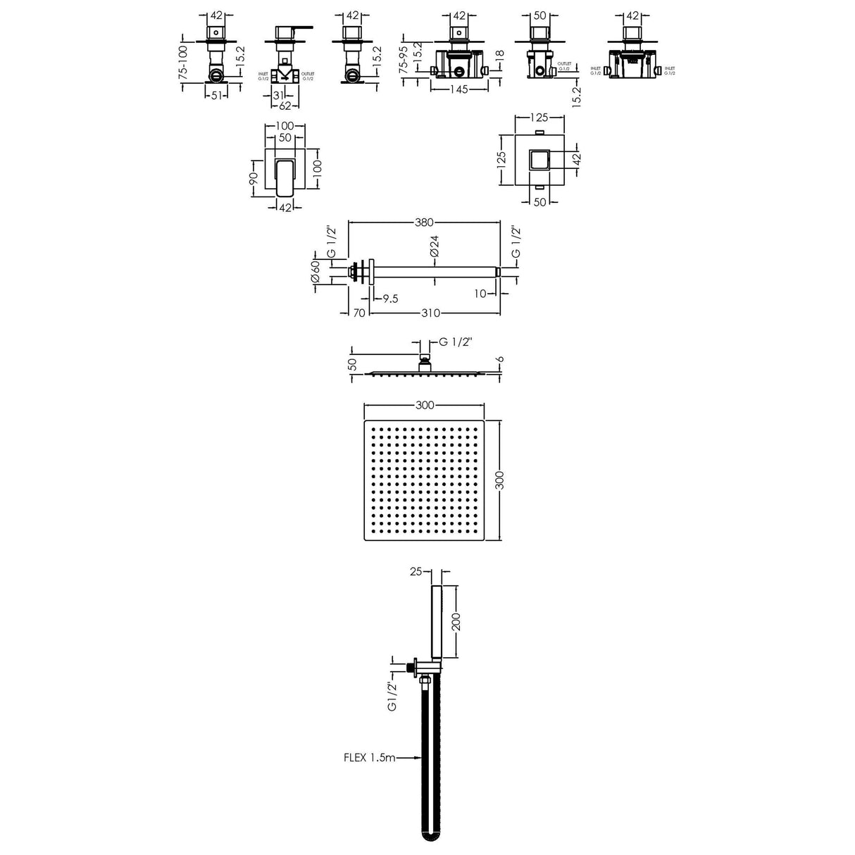Nuie Windon Square 2 Outlet Thermostatic Shower Set With Stop Valves Chrome SBS130ST2 LD