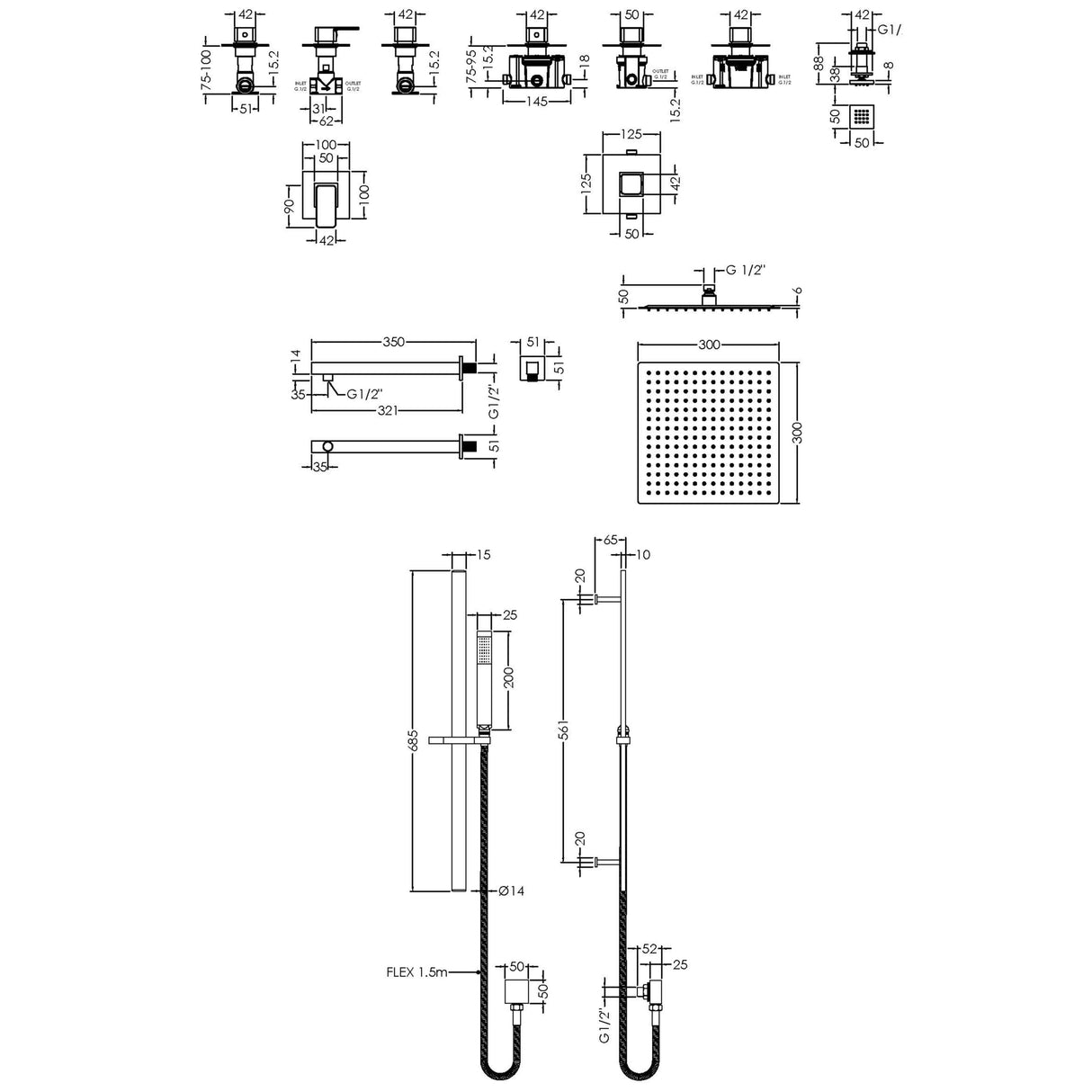 Nuie Windon Square 3 Outlet Thermostatic Shower Set With Stop Valves Chrome SBS135ST3 LD