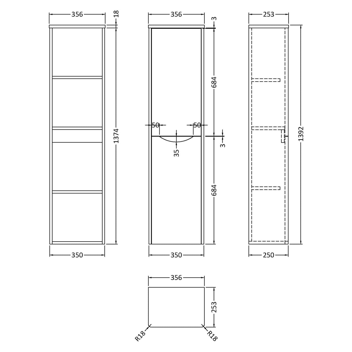 Nuie Lunar 2 Door Wall Hung Tall Storage Unit W356mm Satin Grey SML262 LD
