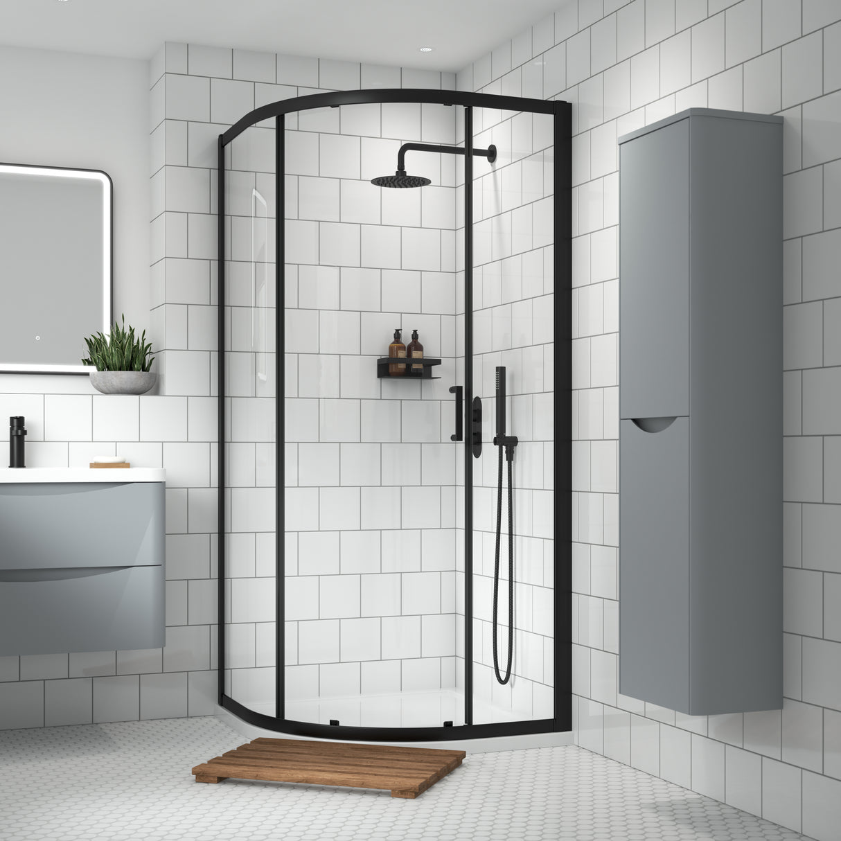 Nuie Rene Single Entry Quadrant Shower Enclosure - 6mm Glass (900 x 900mm) Matt Black SMQ9E1BP-E6 LS