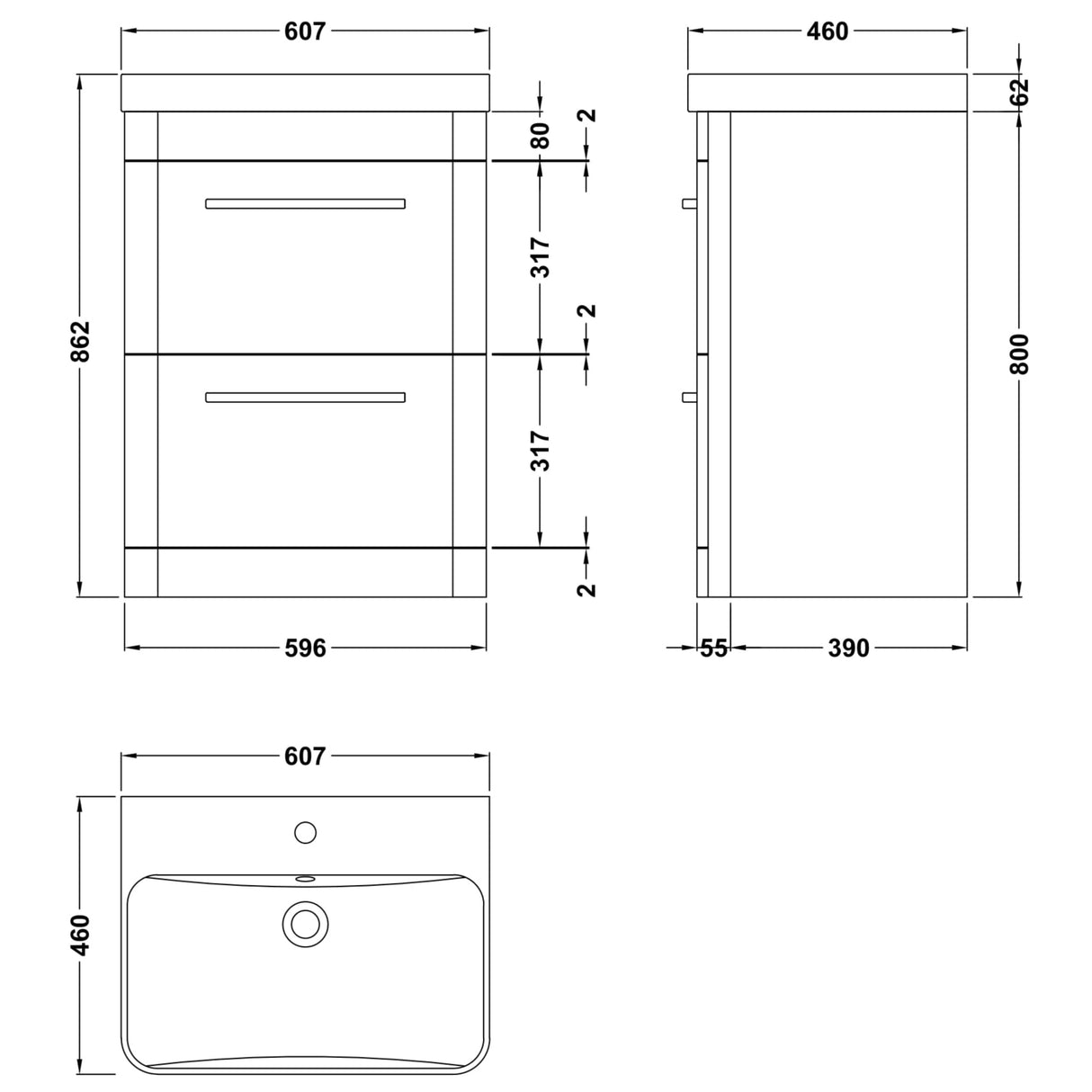 Hudson Reed Solar 600mm Floorstanding Vanity Unit & Basin, 2 Drawers Pure White SOL101B LD