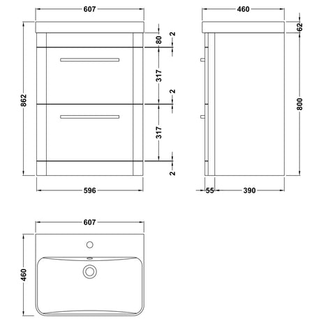 Hudson Reed Solar 600mm Floorstanding Vanity Unit & Basin, 2 Drawers Pure White SOL101B LD