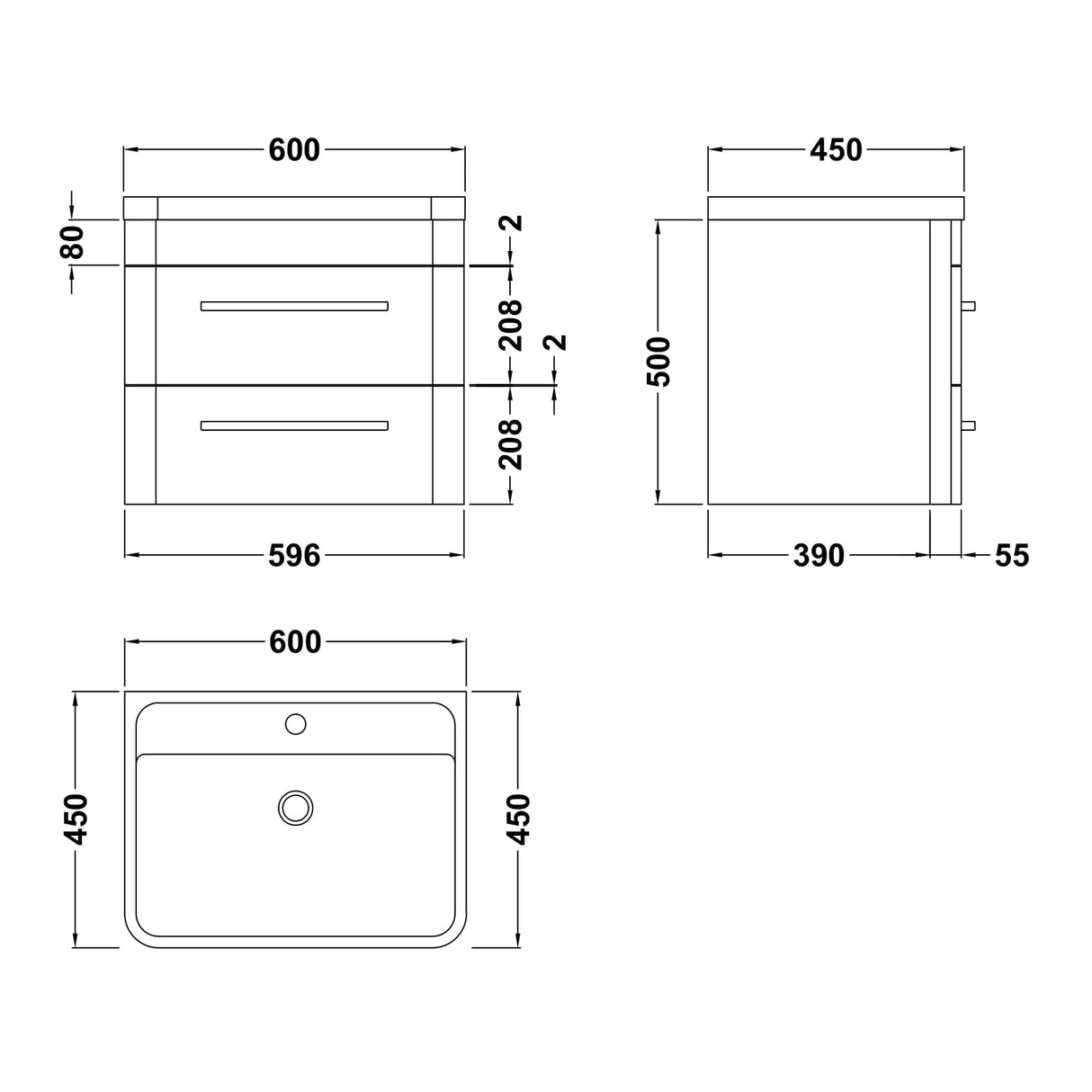 Hudson Reed Solar 600mm Wall Hung Vanity Unit & Basin, 2 Drawers Pure White SOL102 LD