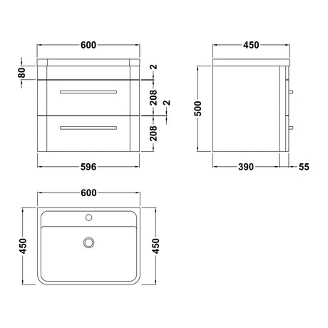 Hudson Reed Solar 600mm Wall Hung Vanity Unit & Basin, 2 Drawers Pure White SOL102 LD