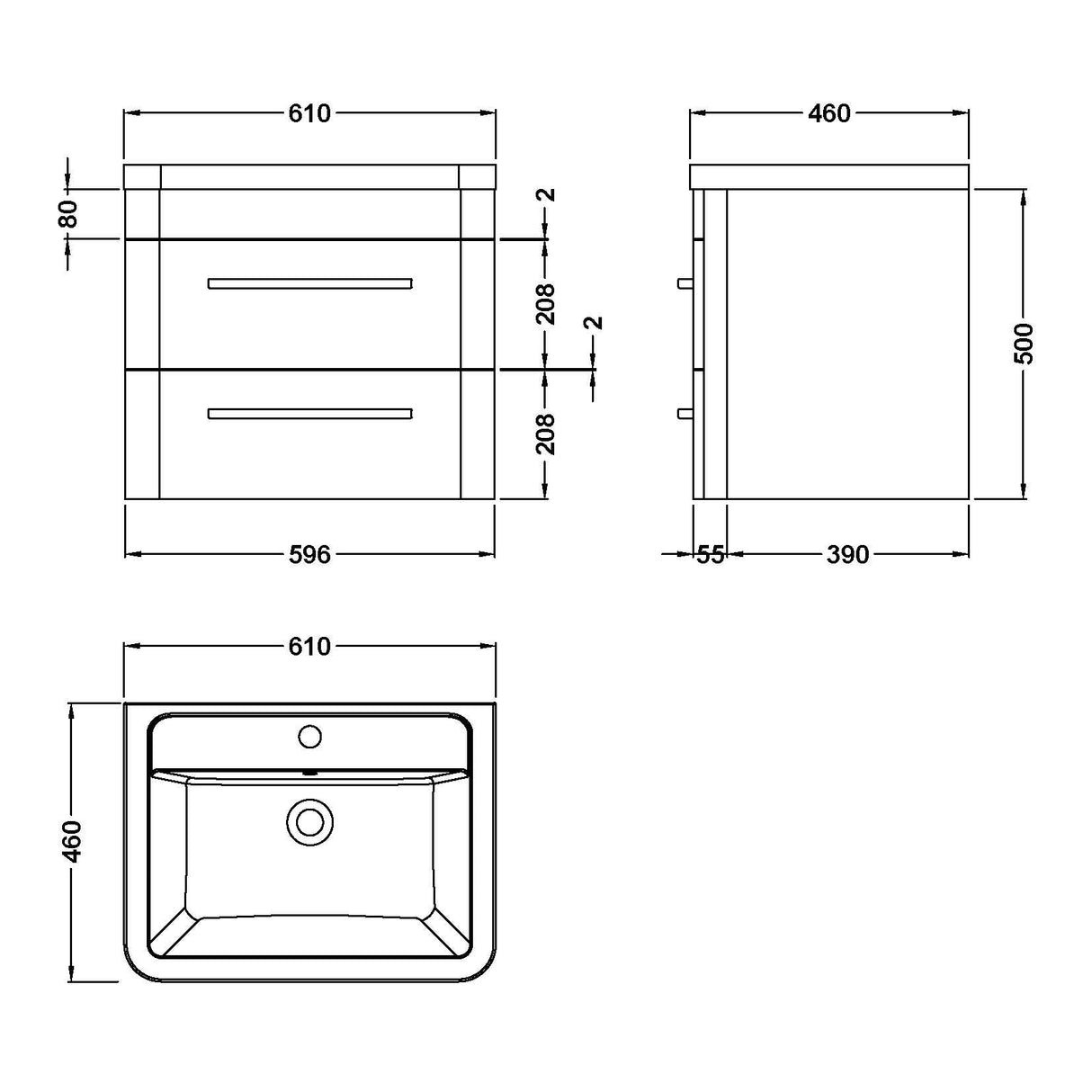 Hudson Reed Solar 600mm Wall Hung Vanity Unit & Basin, 2 Drawers Pure White SOL102A LD