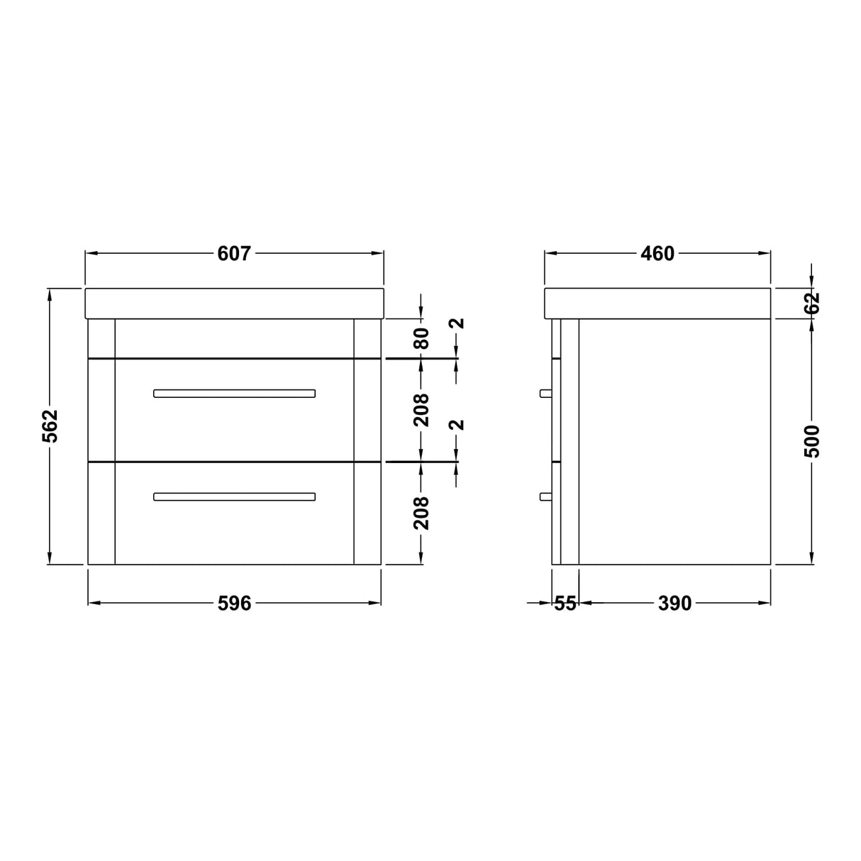 Hudson Reed Solar 600mm Wall Hung Vanity Unit & Basin, 2 Drawers Pure White SOL102B LD