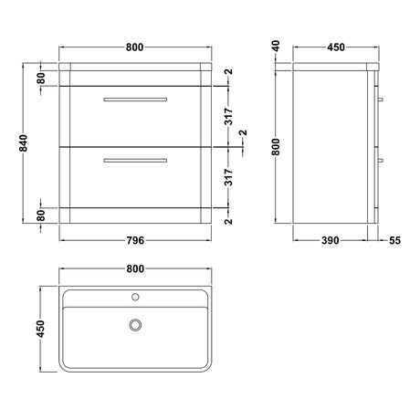Hudson Reed Solar 800mm Floorstanding Vanity Unit & Basin, 2 Drawers Pure White SOL103 LD