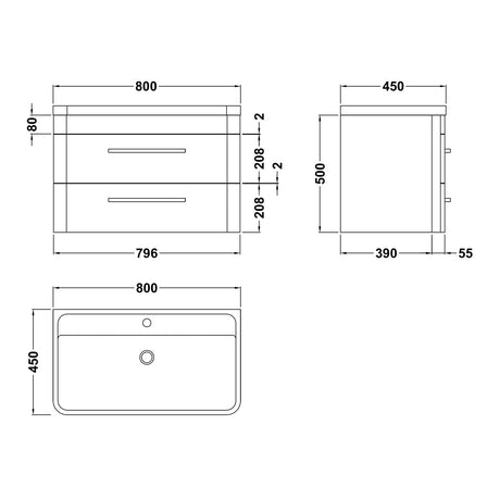 Hudson Reed Solar 800mm Wall Hung Vanity Unit & Basin, 2 Drawers Pure White SOL104 LD