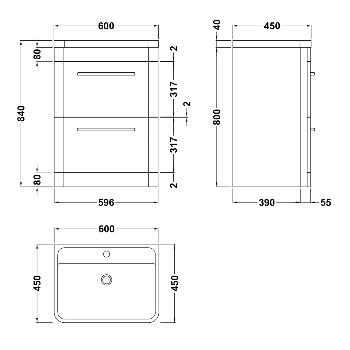 Hudson Reed Solar 600mm Floorstanding Vanity Unit & Basin, 2 Drawers Cool Grey SOL201 LD