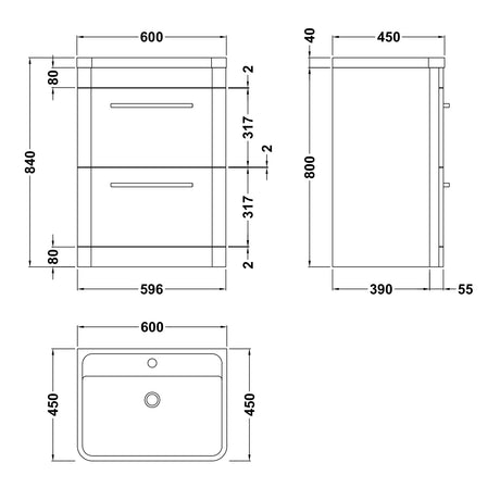 Hudson Reed Solar 600mm Floorstanding Vanity Unit & Basin, 2 Drawers Cool Grey SOL201 LD