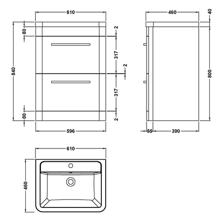 Hudson Reed Solar 600mm Floorstanding Vanity Unit & Basin, 2 Drawers Cool Grey SOL201A LD