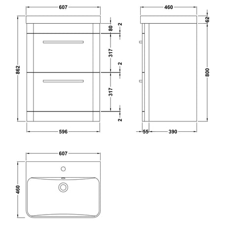 Hudson Reed Solar 600mm Floorstanding Vanity Unit & Basin, 2 Drawers Cool Grey SOL201B LD
